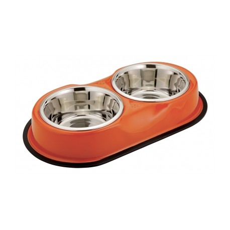 2 gamelles inox pour chien support antidérapant couleur Abricot VIVOG