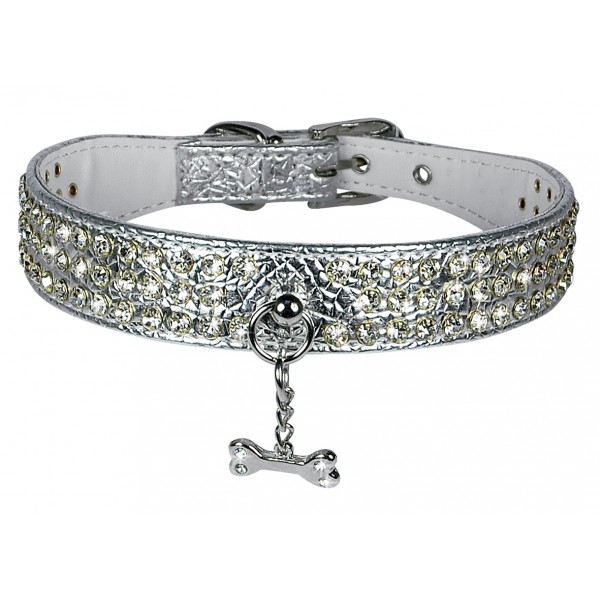 Collier pour chien effet métal argenté avec strass et breloque VIVOG