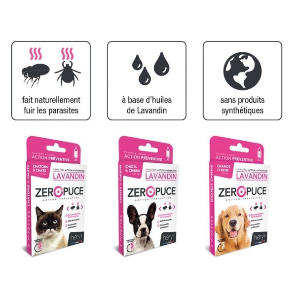 Pipettes antiparasitaires pour chiot et chien au Lavandin x60 ZERO PUCE HERY