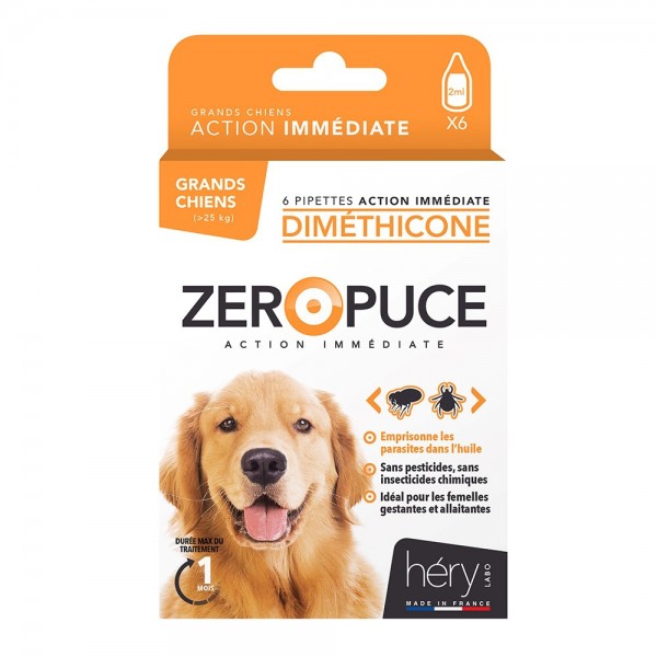 Pipettes antiparasitaires au Diméthicone pour grands chiens ZERO PUCE HERY